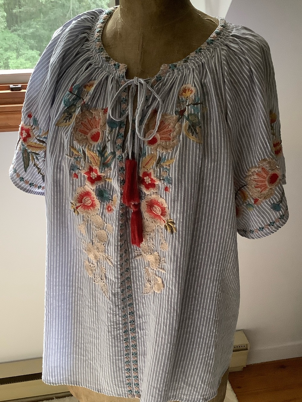 Blue Striped Embroidered Peasant Blouse with Red Tassels - Picture 2 of 14
